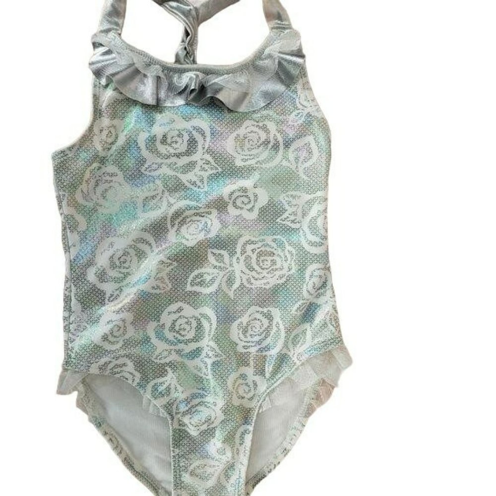 Flapdoodles Girl’s Size 5 Floral‎ metallic silver one piece  Swimsuit